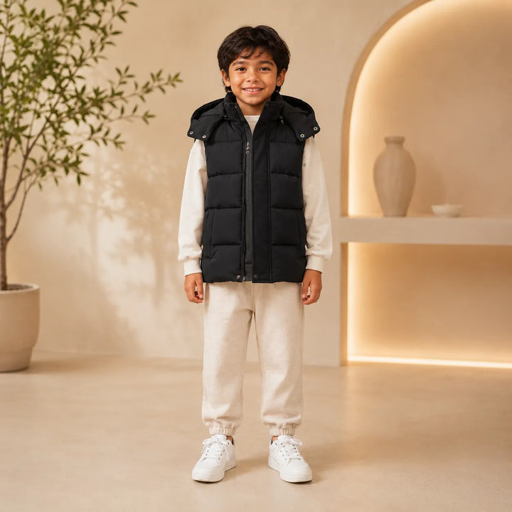 Jaqueta Puffer Infantil Sem Mangas Com Capuz Removível (Unissex)