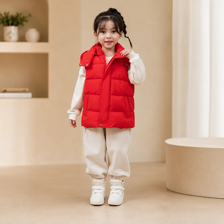 Jaqueta Puffer Infantil Sem Mangas Com Capuz Removível (Unissex)