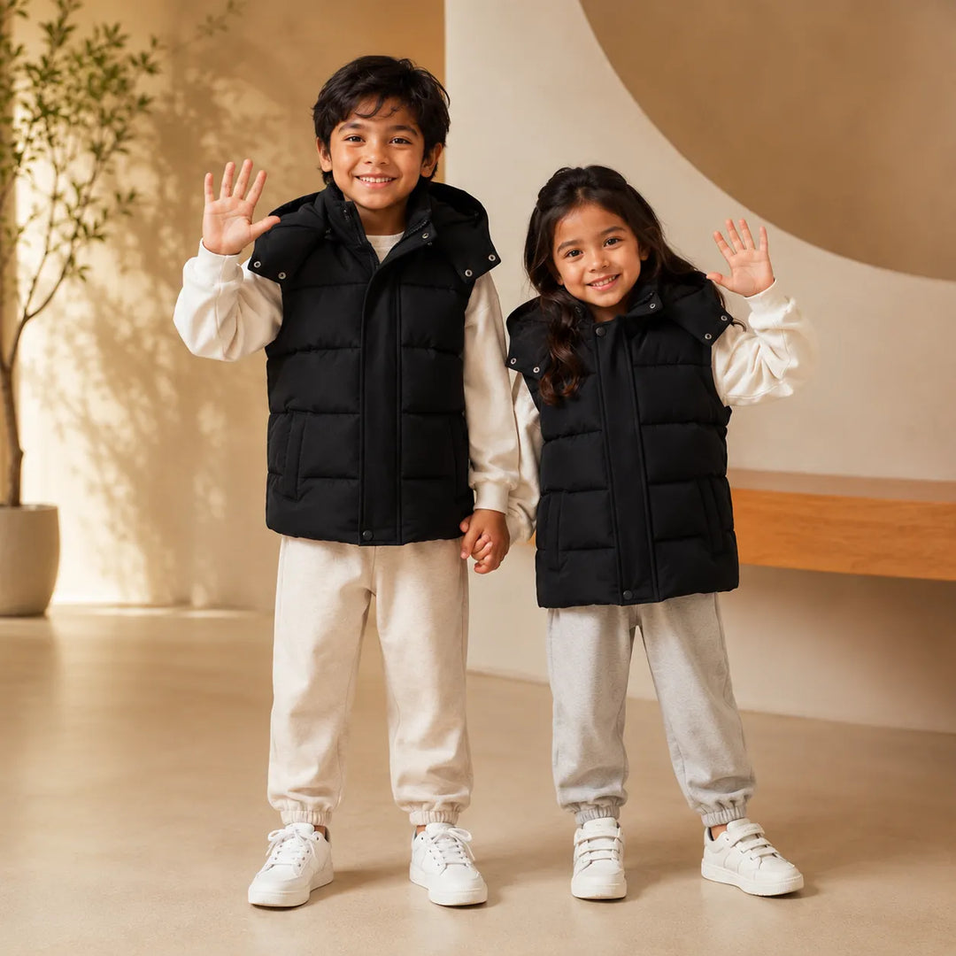 Jaqueta Puffer Infantil Sem Mangas Com Capuz Removível (Unissex)