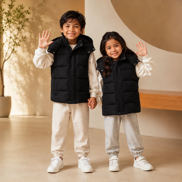 Jaqueta Puffer Infantil Sem Mangas Com Capuz Removível (Unissex)
