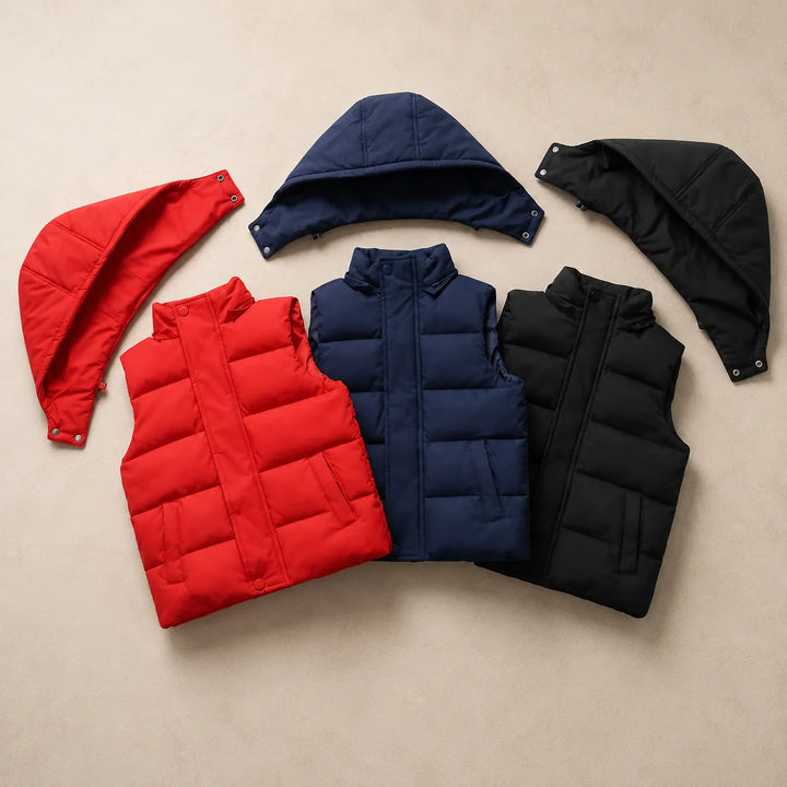 Jaqueta Puffer Infantil Sem Mangas Com Capuz Removível (Unissex)