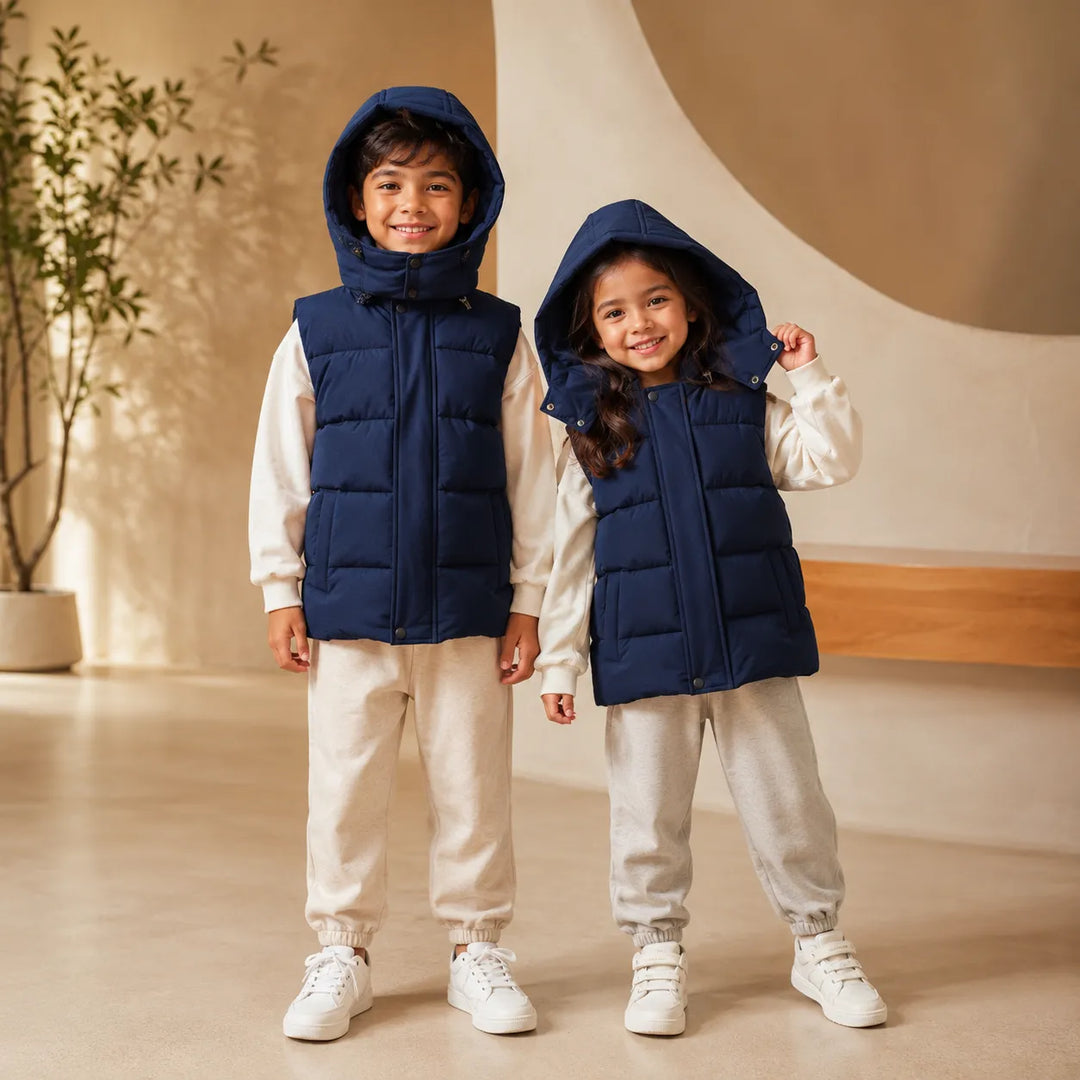 Jaqueta Puffer Infantil Sem Mangas Com Capuz Removível (Unissex)