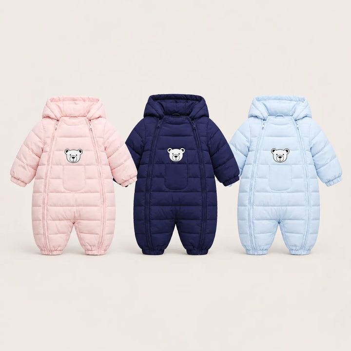 Macacão infantil acolchoado de inverno com capuz de ursinho, modelo confortável e quentinho da Varialle.