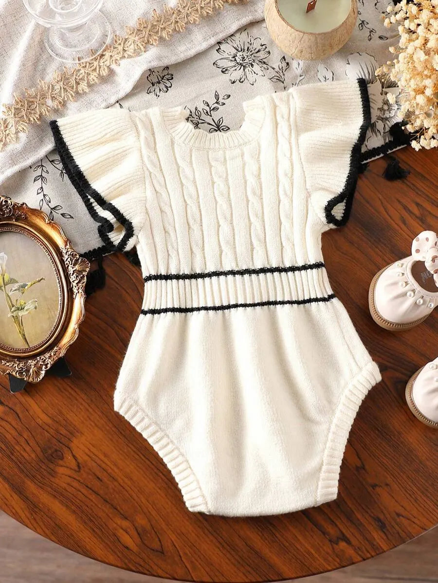 Macaquinho de Tricô para Bebê Menina Bege e Preto 0-18 Meses