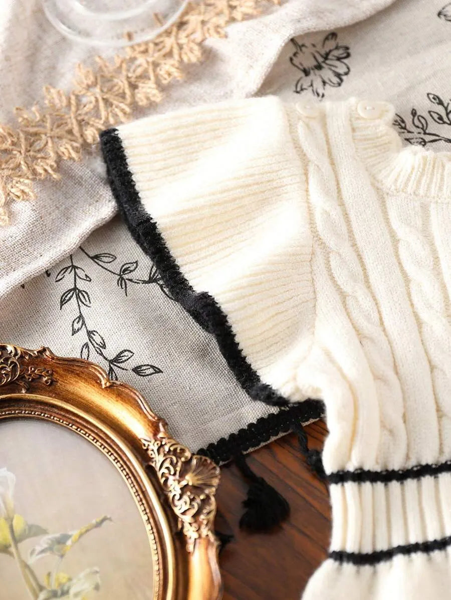 Macaquinho de Tricô para Bebê Menina Bege e Preto 0-18 Meses