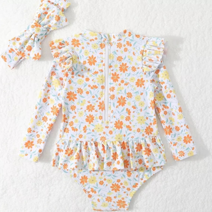 Maiô Infantil Manga Longa Floral Proteção UV com Faixa 9M a 3A