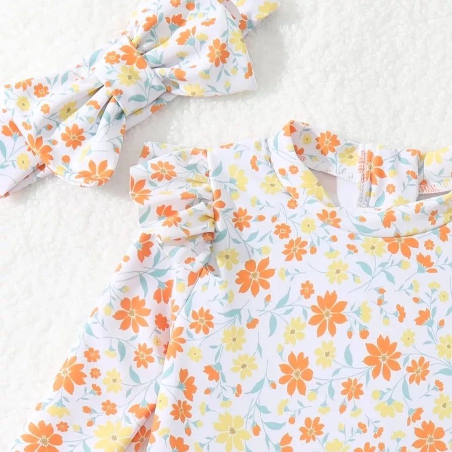 Maiô Infantil Manga Longa Floral Proteção UV com Faixa 9M a 3A