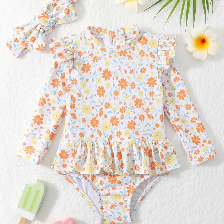 Maiô Infantil Manga Longa Floral Proteção UV com Faixa 9M a 3A