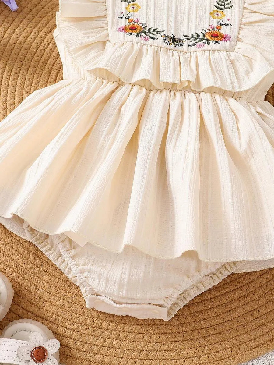 Romper Vestido Bordado Floral com Faixa de Cabelo 1 a 18 Meses