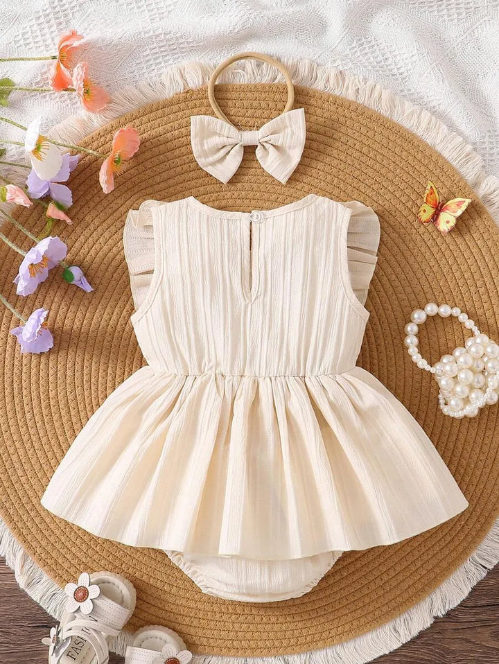 Romper Vestido Bordado Floral com Faixa de Cabelo 1 a 18 Meses