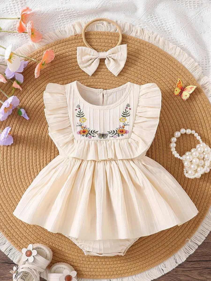 Romper Vestido Bordado Floral com Faixa de Cabelo 1 a 18 Meses
