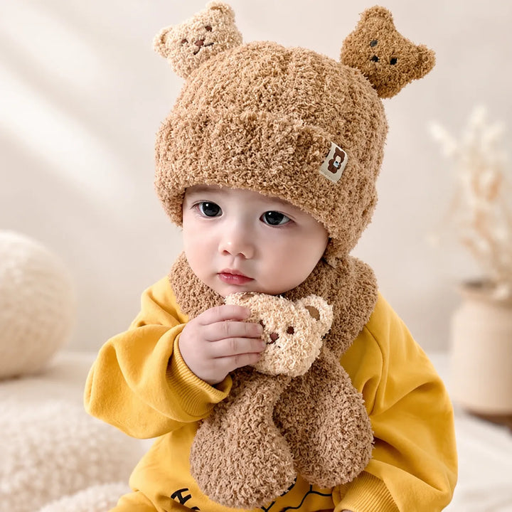 Touca Infantil e Cachecol Peluciado Ursinho Inverno (Unissex)