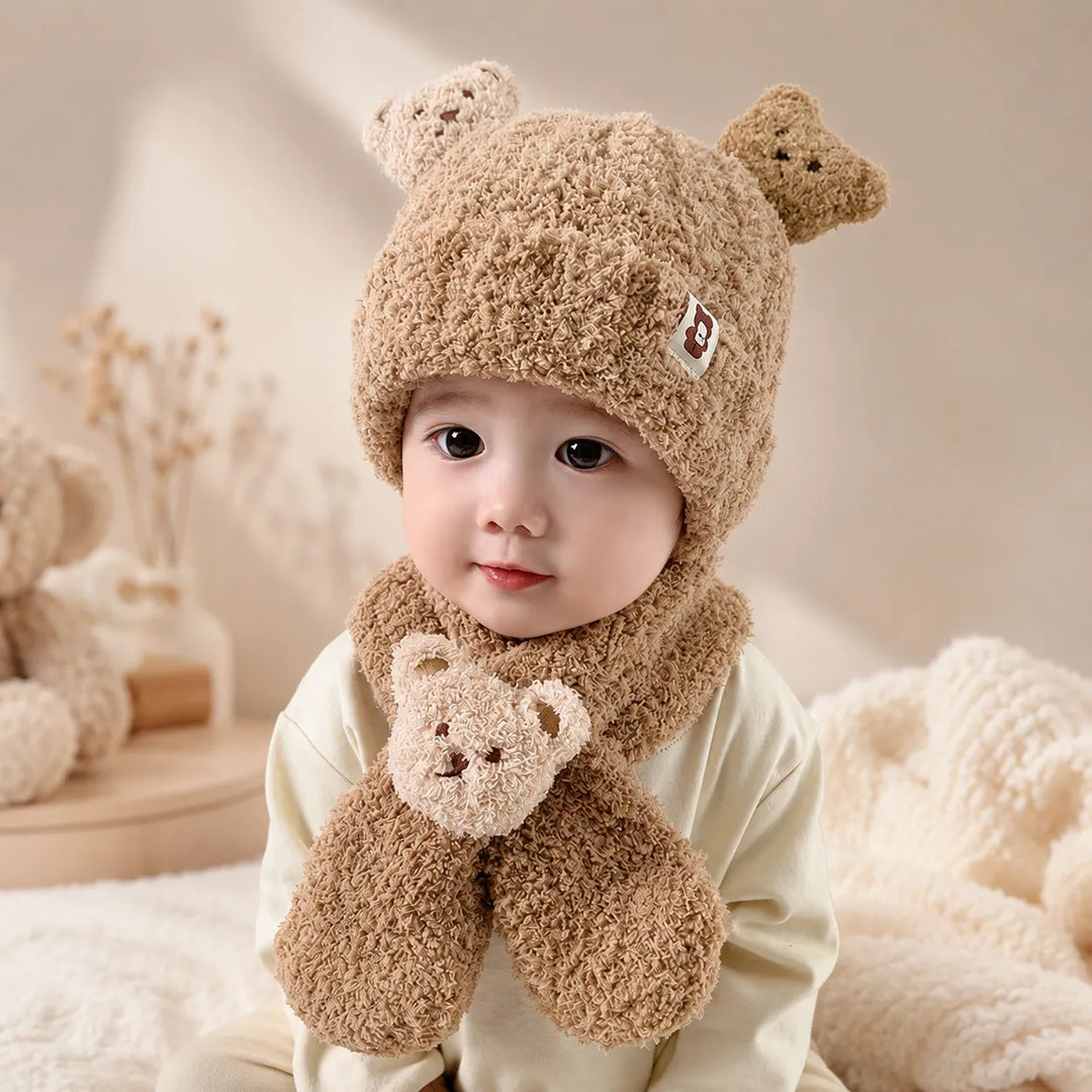 Touca Infantil e Cachecol Peluciado Ursinho Inverno (Unissex)