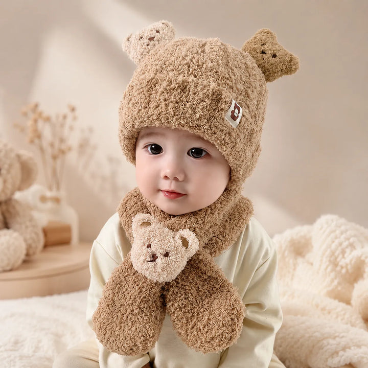 Touca Infantil e Cachecol Peluciado Ursinho Inverno (Unissex)