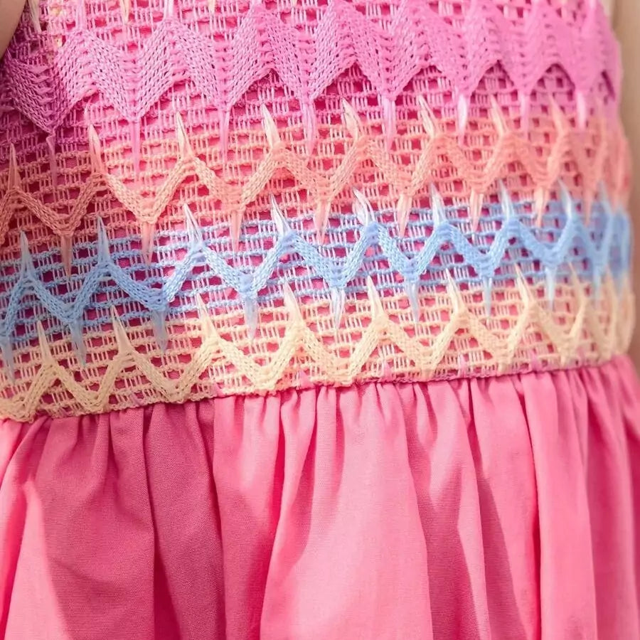 Vestido Infantil Feminino Rosa com Flor em Crochê 100% Algodão 6M a 3A