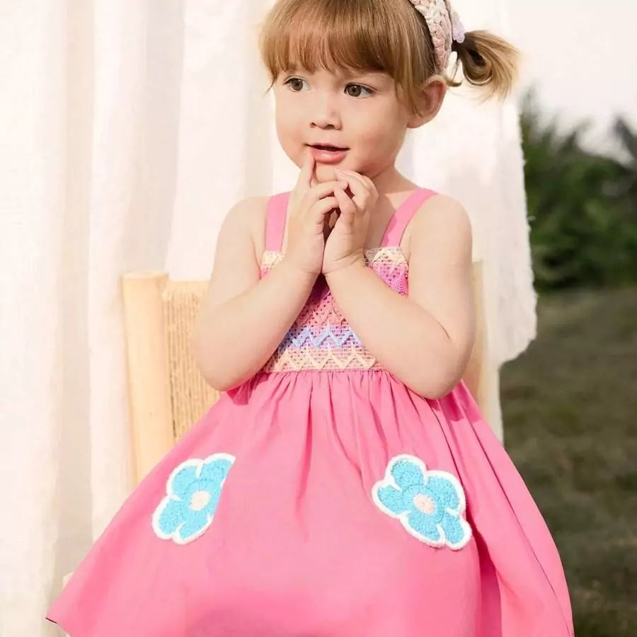 Vestido Infantil Feminino Rosa com Flor em Crochê 100% Algodão 6M a 3A