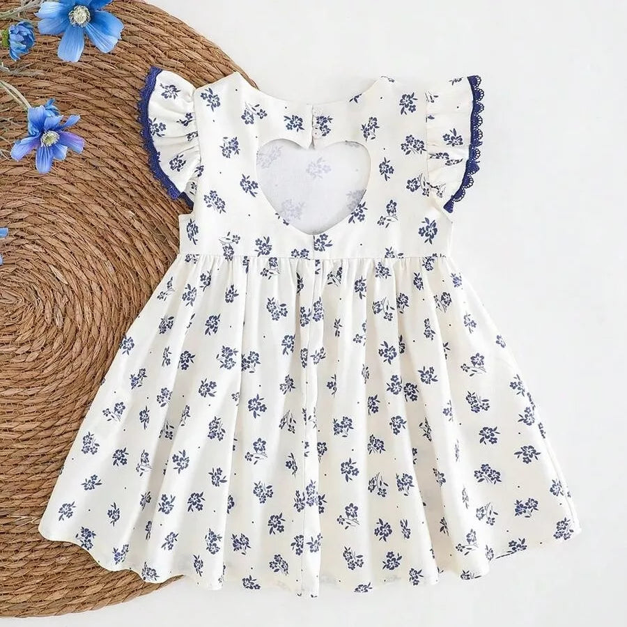 Vestido Infantil Floral Azul com Recorte em Coração nas Costas 6M a 3A