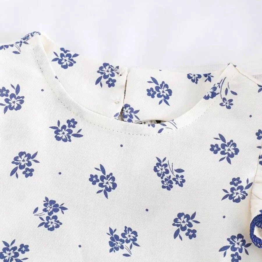 Vestido Infantil Floral Azul com Recorte em Coração nas Costas 6M a 3A