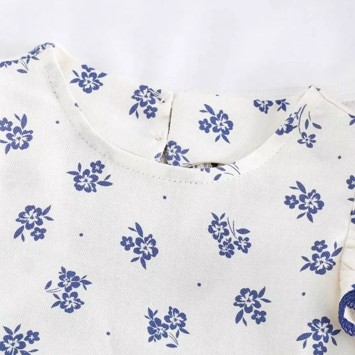 Vestido Infantil Floral Azul com Recorte em Coração nas Costas 6M a 3A