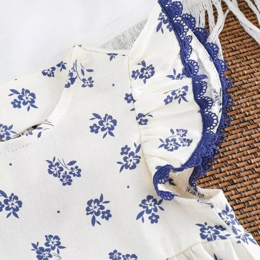 Vestido Infantil Floral Azul com Recorte em Coração nas Costas 6M a 3A
