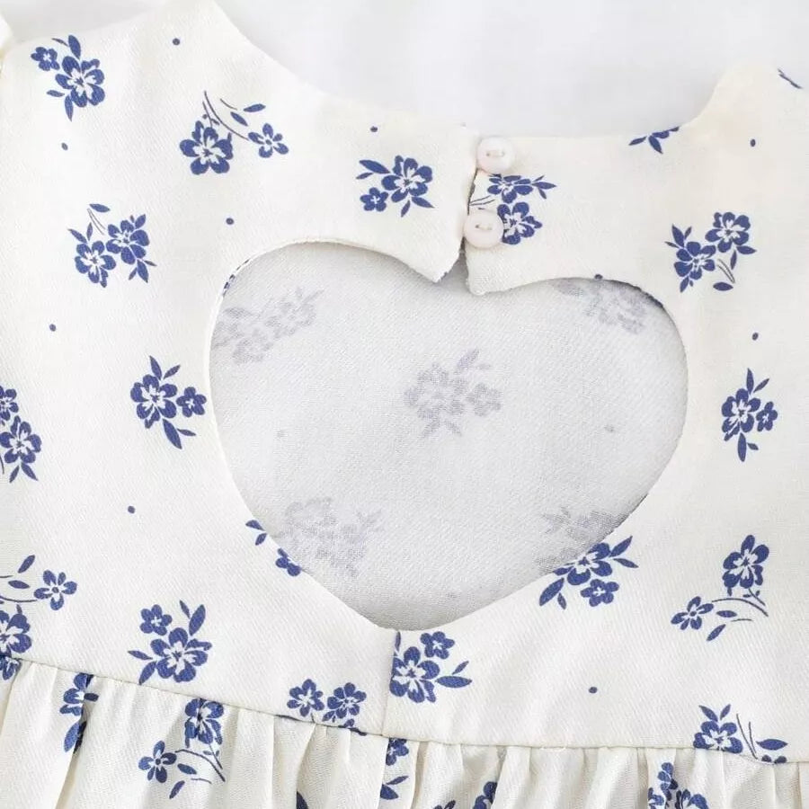 Vestido Infantil Floral Azul com Recorte em Coração nas Costas 6M a 3A