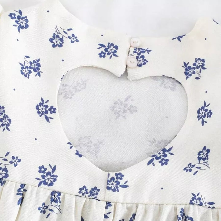 Vestido Infantil Floral Azul com Recorte em Coração nas Costas 6M a 3A