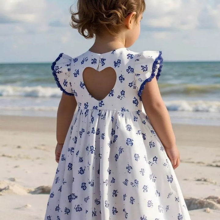 Vestido Infantil Floral Azul com Recorte em Coração nas Costas 6M a 3A