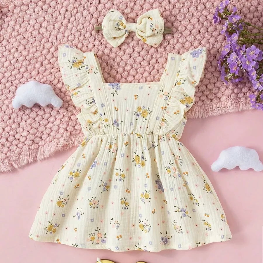 Vestido Infantil Floral com Faixa de Cabelo 6 Meses a 3 Anos