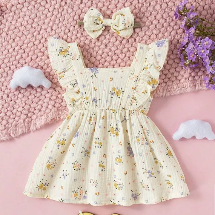 Vestido Infantil Floral com Faixa de Cabelo 6 Meses a 3 Anos