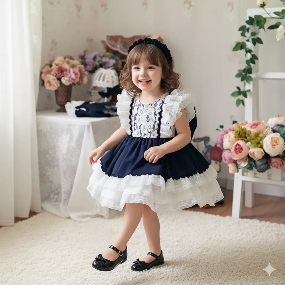 Vestido Infantil Lolita Vintage com Laço 1 a 8 Anos