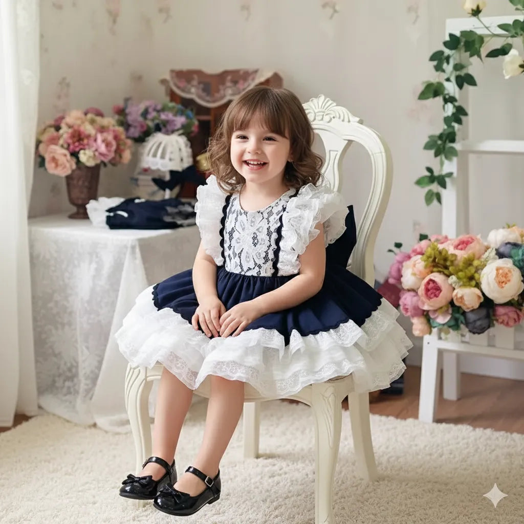 Vestido Infantil Lolita Vintage com Laço 1 a 8 Anos