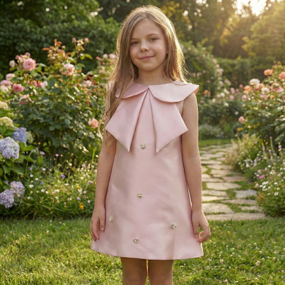 Vestido Infantil de Algodão Acetinado com Pérolas 1 a 4 Anos