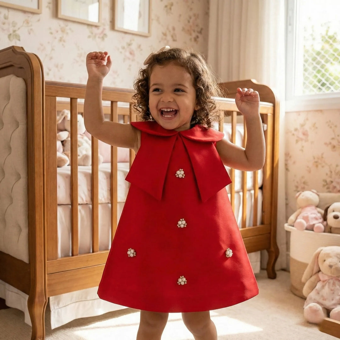 Vestido Infantil de Algodão Acetinado com Pérolas 1 a 4 Anos
