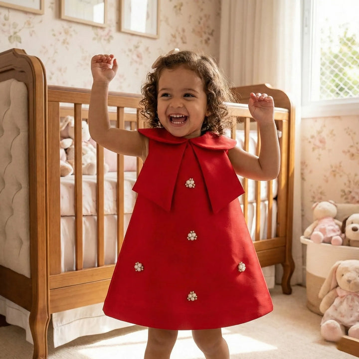 Vestido Infantil de Algodão Acetinado com Pérolas 1 a 4 Anos