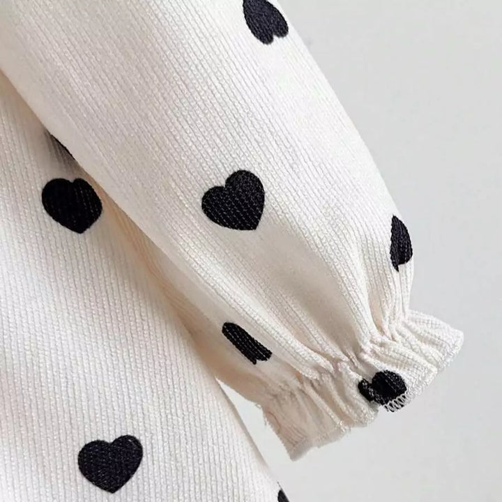 Vestido Infantil Plissado Corações Preto e Branco Manga Longa 6 Meses a 3 Anos Varialle