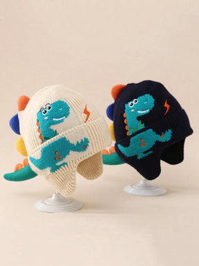 Criança usando gorro de dinossauro infantil de tricô, ideal para o inverno Varialle
