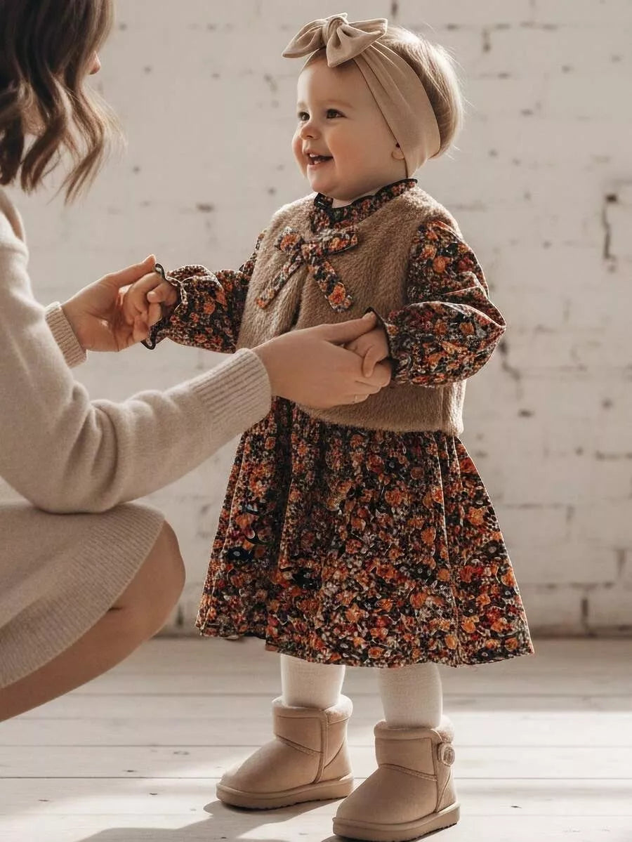 Conjunto Vestido Floral Outono com Colete de Pelinhos 6M a 3A