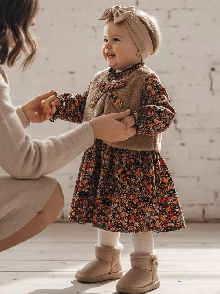 Conjunto Vestido Floral Outono com Colete de Pelinhos 6M a 3A