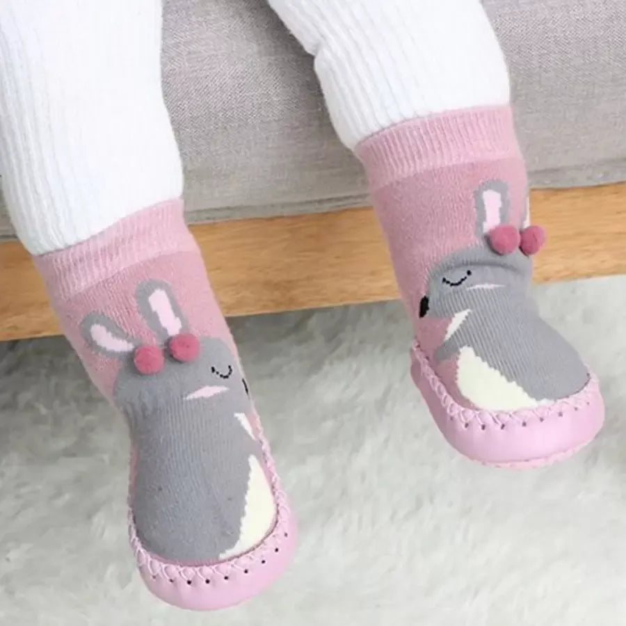 Meias de bebê rosa com coelhinho e solado antiderrapante para primeiros passos Varialle