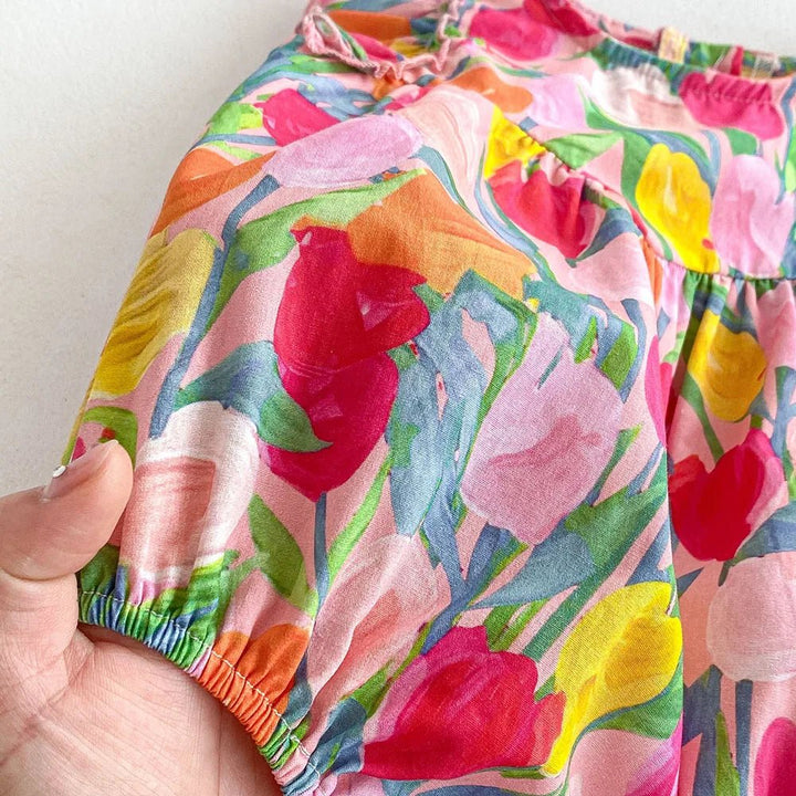 Bodysuit Infantil em Algodão - Tulipas e Manga Plissada - 3 a 24 Meses | LANÇAMENTO BLACK FRIDAY - Varialle