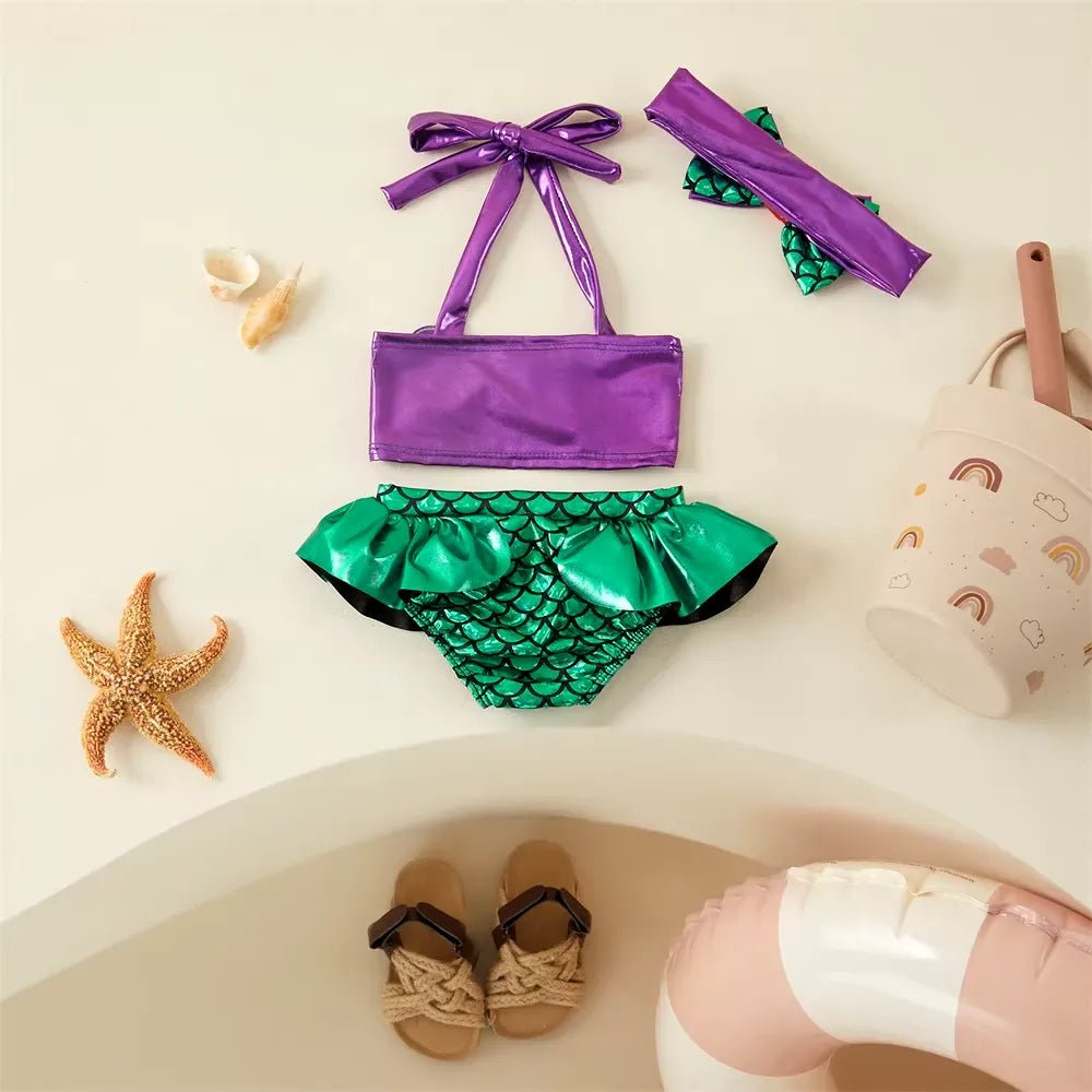 Conjunto Biquíni Infantil Sereia com Laço Roxo, Escamas Verdes e Bandana - Sereinha - Varialle