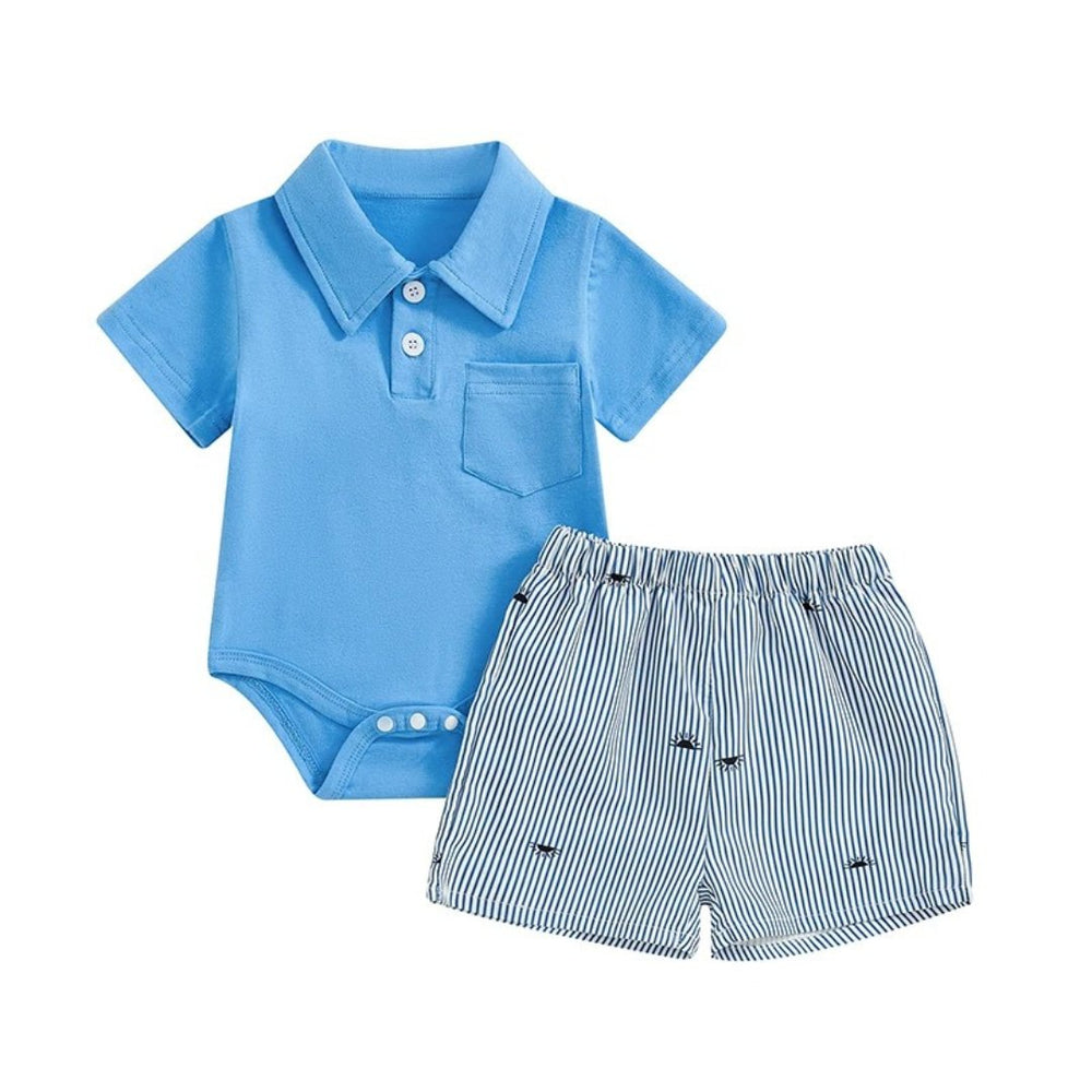 Conjunto de Verão Bebê Menino Body Gola Polo e Shorts Listrados com Estampa de Sol - Varialle