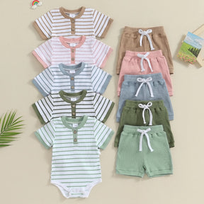 Conjunto de Verão para Bebê Menino Body Listrado de Manga Curta e Shorts Elásticos - Varialle