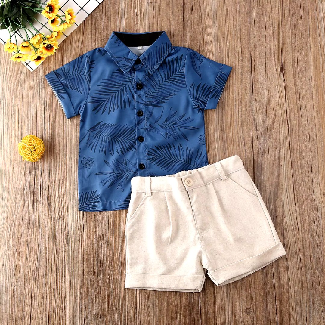 Conjunto de Verão para Bebê Menino Camisa com Estampa de Folhas e Bermuda - Varialle