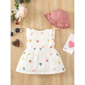 Conjunto de Vestido e Chapéu para Bebês com Estampa de Corações - EncantBaby - Varialle