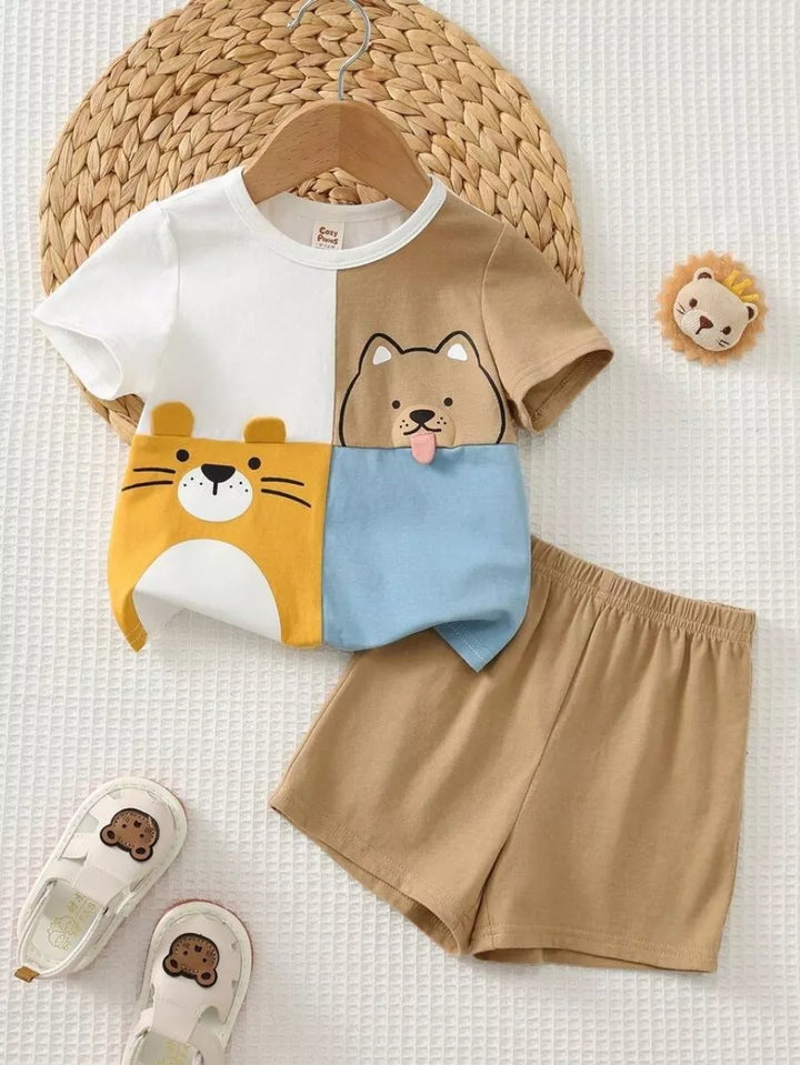 Conjunto Infantil Bichinhos Divertidos e Short Caqui 6M a 3A