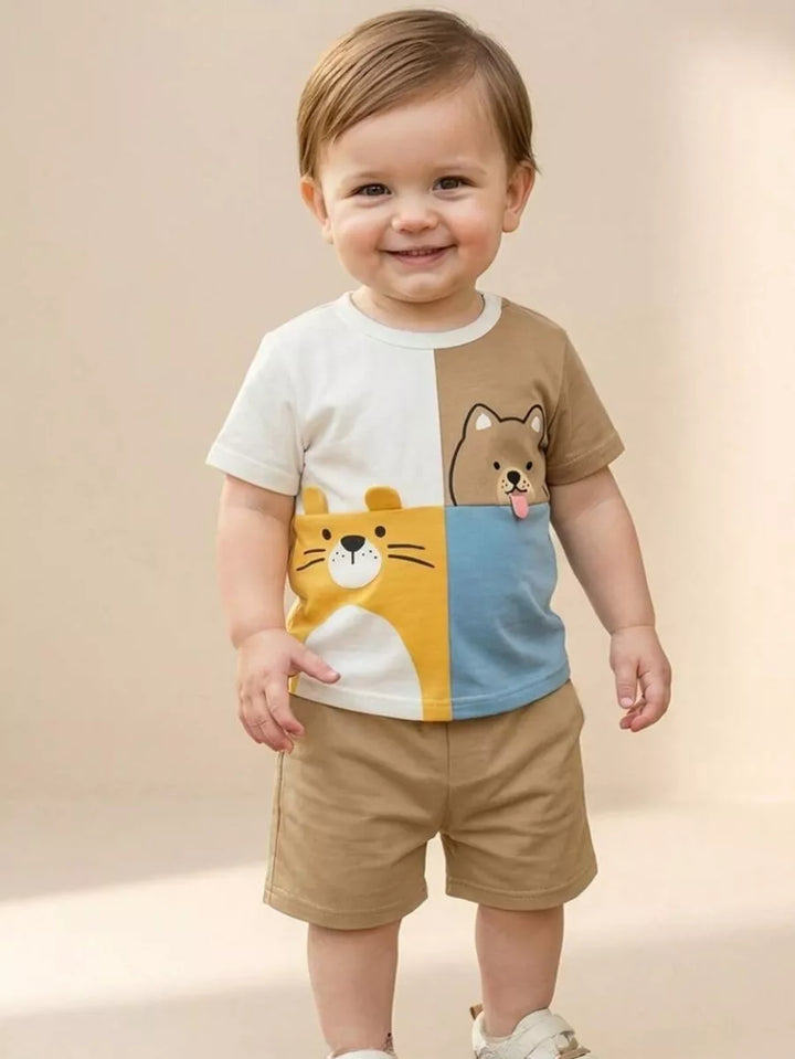 Conjunto Infantil Bichinhos Divertidos e Short Caqui 6M a 3A