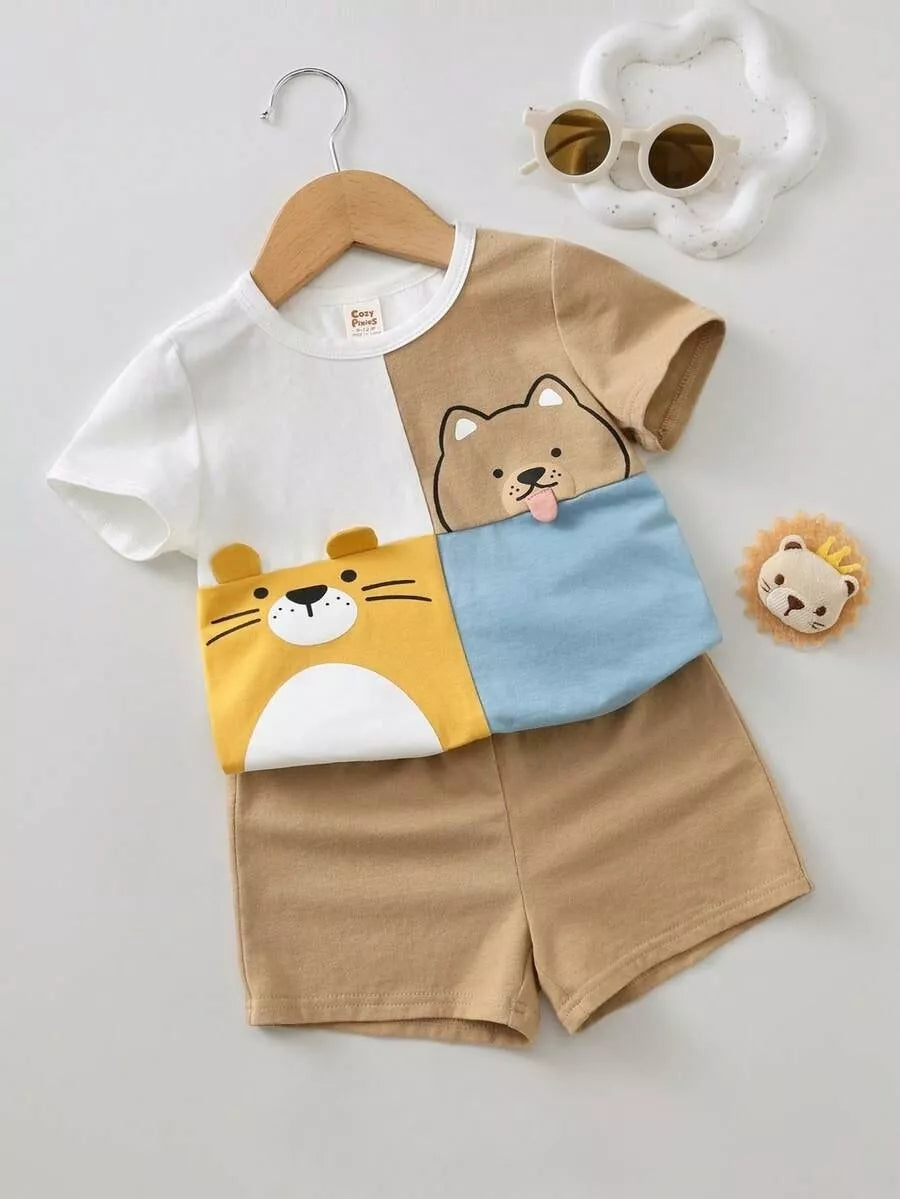 Conjunto Infantil Bichinhos Divertidos e Short Caqui 6M a 3A