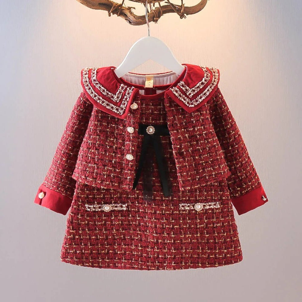 Conjunto Infantil Casaco e Vestido em Xadrez Tweed para Meninas - Varialle