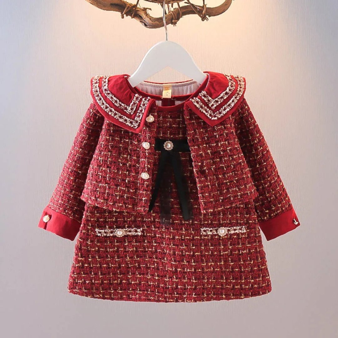 Conjunto Infantil Casaco e Vestido em Xadrez Tweed para Meninas - Varialle